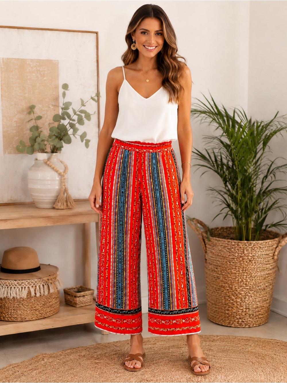 LOFT Small Red Boho Wide Leg Cropped Pull-On Pants 100% Viscose